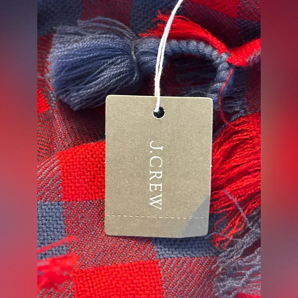 NWT J.Crew Lightweight Wool Blue Red Plaid Scarf Poms 74x27”
